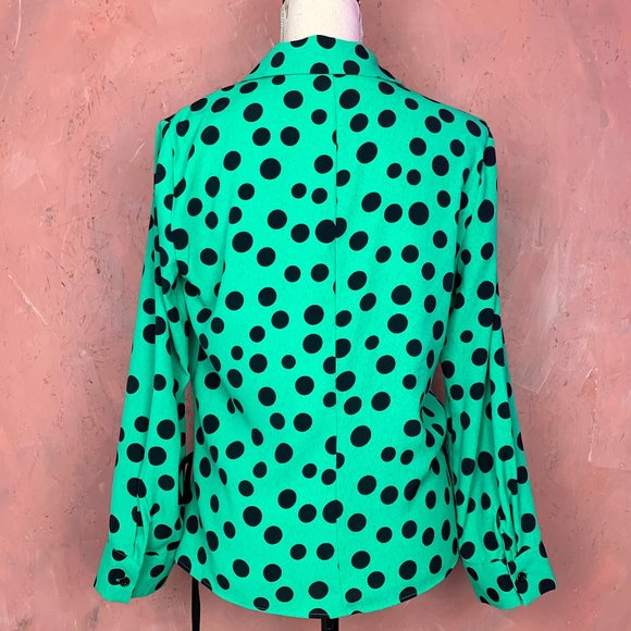 ZARA Green Polka Dot Tie Wrap Blouse/Green Wrap Blouse/Deep V Blouse/Flowy Lapel - Picture 5 of 6